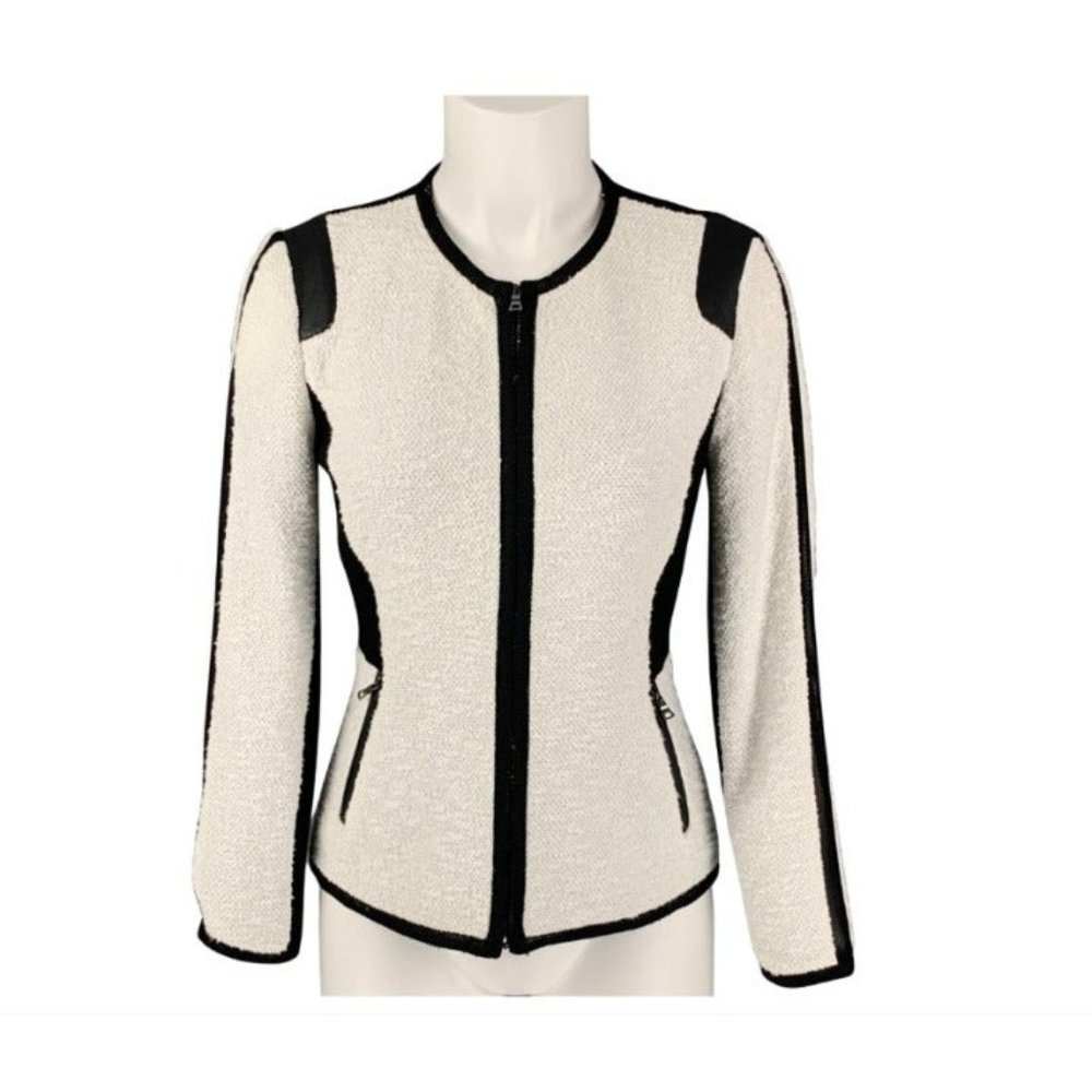 REBECCA TAYLOR Size 2 Black & White Cotton Blend Faux Leather Tweed Jacket